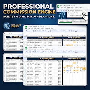 May include: Screenshot of Google Sheets with data tables labeled 'RAW DATA', 'COMM_RATES', and 'PAY_DATE'. The image includes text: 'PROFESSIONAL COMMISSION ENGINE' and 'APPS SCRIPT POWERED'. A mouse cursor points to a button labeled 'Calculate Commissions'.