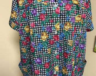 Vintage Haband for Her Gingham Rose Floral Button-Up Blouse LARGE L Granny Core Shirt Top