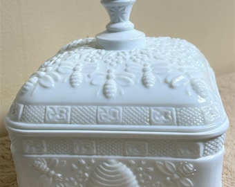 Milk Glass HONEY BEE BOX Indiana Glass Tiara Dish