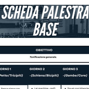 May include: A black and white image of a gym workout schedule titled "Scheda Palestra Base". The schedule includes three days of workouts: Day 1 - Chest and Triceps, Day 2 - Back and Biceps, and Day 3 - Legs and Core. The objective of the workout schedule is general toning.
