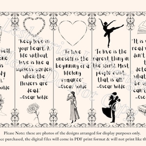 Puede incluir: Cuatro marcapáginas imprimibles en blanco y negro con citas inspiradoras de Oscar Wilde. Las citas son: "Sé tú mismo, todos los demás ya están cogidos." "Mantén el amor en tu corazón. Una vida sin amor es como un jardín sin sol cuando las flores están muertas." "Amarse a sí mismo es el comienzo de un romance de por vida." "Vivir es lo más raro del mundo. La mayoría de la gente existe, eso es todo!"