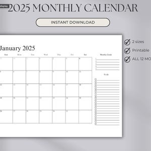 Calendario minimalista imprimible 2025 / A4 + Carta EE. UU. / Calendario de pared moderno de 12 meses