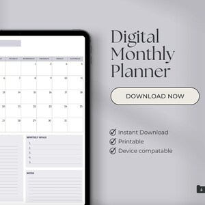 Puede incluir: Una plantilla de planificador mensual digital en la pantalla de una tableta. El planificador incluye un calendario para enero, una lista de tareas, objetivos mensuales y secciones de notas. El texto "Planificador mensual digital" y "Descargar ahora" se muestra en la pantalla.