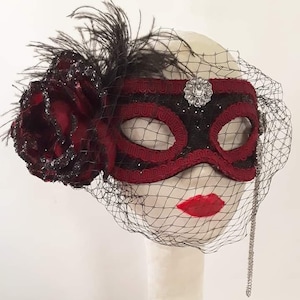 Red Black Masquerade Mask, Ballroom, Steampunk Mask, New years Mask,Handmade, Costume, Accessory,Crystal Mask, Birdcage Veil