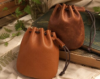 Genuine Leather Coin Purse | Vintage Drawstring Coin Pouch | Small Leather Wallet | Cottagecore Leather Pouch | Renaissance Gift