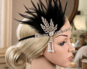 1920s Feather Headband | Rhinestone Flapper Headpiece | Art Deco Hair Accessory | Vintage Bridal Headband | Masquerade Costume