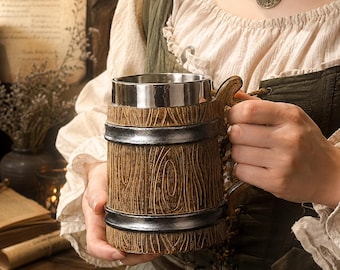 Medieval Tankard Mug | Wooden Beer Stein with Stainless Steel Liner | Renaissance Faire Mug | Viking Ale Cup | Fantasy Gift