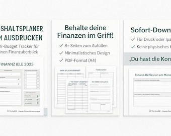 Può includere: Tre pagine di pianificatore di budget stampabili con un design minimalista. La prima pagina è intitolata "Obiettivi finanziari 2025" e include sezioni per tenere traccia delle spese e delle entrate. La seconda pagina è intitolata "Budget mensile" e include sezioni per tenere traccia delle spese e delle entrate. La terza pagina è intitolata "Riflessione finanziaria" e include sezioni per riflettere sugli obiettivi finanziari e sui progressi.