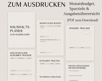 May include: Printable budget planner with sections for monthly budget, savings goals, weekly expenses, debt tracker, no-spend challenge, and financial reflection at the end of the month. The planner is designed in a minimalist style with beige and white colors.