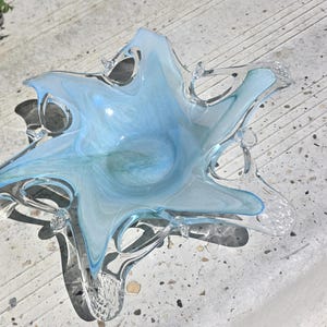Stunning Murano Art Glass Bowl Mid-Century  — Blue & Clear Starburst Centerpiece with Latticed Base