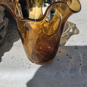 Vintage Murano-Style Amber Art Glass Vase | Handblown with Avventurina Copper Flecks | Sculptural Freeform Mid-Century Decor