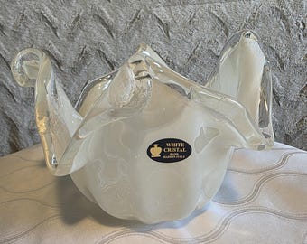 Cuenco de cristal artístico estilo Murano: pieza central blanca perla soplada a mano