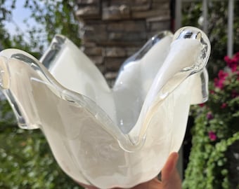 Murano Style Art Glass Bowl: Pearl White Hand-Blown Centerpiece