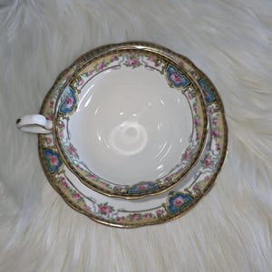 Vintage Aynsley England Teacup and Saucer – Hand-Painted Pink Roses, Turquoise Panels & Gold Gilding – 1930s Bone China