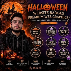 May include: A digital graphic set featuring Halloween website badges and web graphics in PNG format. The text includes HALLOWEEN WEBSITE BADGES, PREMIUM WEB GRAPHICS, and various labels like SHOP NOW, SPOOKY OFFERS, and HALLOWEEN SALE.