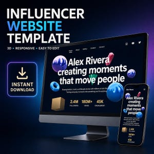 May include: An influencer website template displayed on a computer monitor and a smartphone. The screen shows the text Alex Rivera creating moments that move people, along with 3D shapes, social media icons, and statistics for followers, views, and engagement.