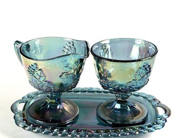 Vintage Indiana Carnival Glass Cream Sugar Tray Harvest Grape Blue Iridescent