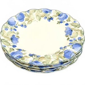 Puede incluir: Una pila de cuatro platos de cerámica blanca con borde festoneado. Cada plato está decorado con patrones florales de rosas azules y hojas verdes. Los platos están apilados sobre un fondo blanco.