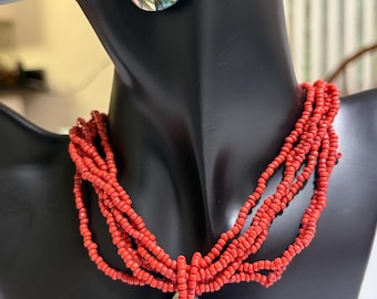 Beaded Coral and Abalone Shell necklace with matching earrings
