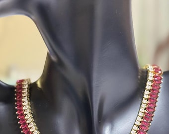 Princess Cut Ruby\Emerald style Red and white cubic zirconia necklace with matching earrings