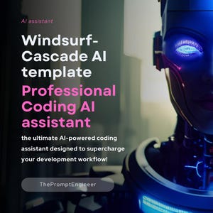 Peut inclure: Un graphique bleu et rose avec le visage d'un robot et le texte "Windsurf-Cascade AI template Professional Coding AI assistant the ultimate AI-powered coding assistant designed to supercharge your development workflow! ThePromptEngineer"