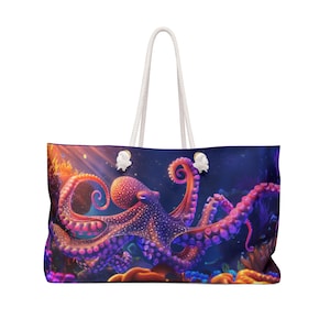 Cosmic Octopus Weekender Tote Bag - Mystical Sea Creature Design - Ocean Fantasy Art - Vibrant Purple Galaxy Beach Bag