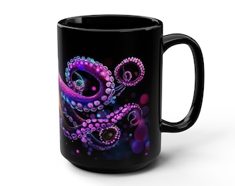 Black Ceramic Mug, 15oz. Vibrant Purple Octopus, Any Occasion Gift for Him/Her/They.