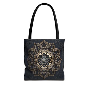 Gold auf Schwarz Mandala Tote Bag - Dieses Design der Heiligen Geometrie bringt energetische Güte zu jeder Gelegenheit ..