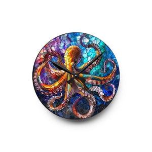 Octopus Clock, Vibrant &quot;Stained Glass Design&quot; - Wall Decor - Any Occasion Octopus Lovers Gift for Him, Gift for Her.