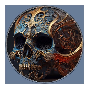 May include: A detailed, ornate skull design with a blue and gold color scheme. The skull features intricate patterns and embellishments, creating a gothic or fantasy aesthetic. The image is circular, with a dark background.