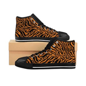 Trendy Tiger Stripe High-Top Sneakers, Walk on the Wild Side Safari Style Sneakers,  Fierce Fashion Footwear for Urban Jungle Adventures.