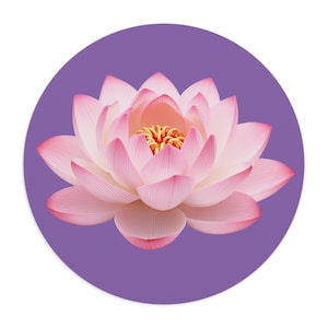 May include: A detailed illustration of a lotus flower, featuring layers of pink and white petals with a yellow center. The flower is set against a purple circular background, creating a striking contrast. The image is a digital rendering.