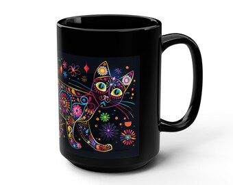 Colorful Kitty, Day of The Dead, Dia de los Muertos Style. 15oz Black Ceramic Cat Mug. Any Occasion Cat Lover Gift, Gift for Her/ Him.