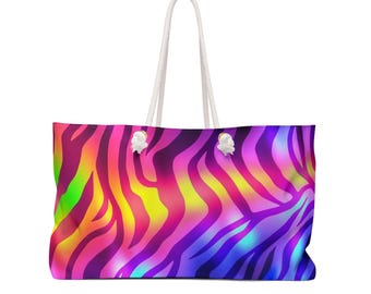 Bolso de fin de semana con estampado de cebra, vibrante estampado arcoíris, regalo moderno y a la moda estilo safari para ella/madre/novia.