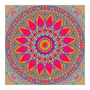 May include: A vibrant, circular mandala design featuring a complex pattern of pink, yellow, blue, and gold elements. The design is set against a patterned background, creating a visually rich and detailed artwork.