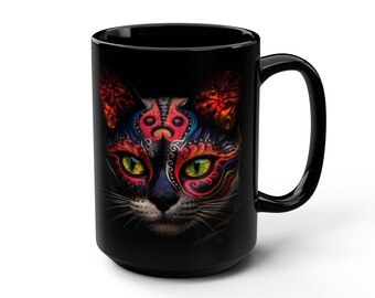 Black Ceramic Mug, 15oz. - Painted Cat Face -Unique Gift for Cat Lovers/Her/Him/Halloween