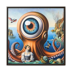 Impresión artística en lienzo. &quot;Pulpo y ojo surrealistas&quot; - 76,2 x 76,2 cm, marco negro. Decoración para el hogar para amantes del pulpo, regalo para amantes del arte, regalo para él/ella.