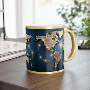 World Map, Golden Metallic 11oz Mug, Elegant Travel Lovers Gift, Home/Office Decor, Gift for Him, gift for Her, gift for Dad, Gift for Mom.