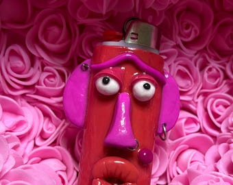 Handmade Face Lighter Case – Pink & Red Quirky Sculpted Lighter Cover (One-of-a-Kind)