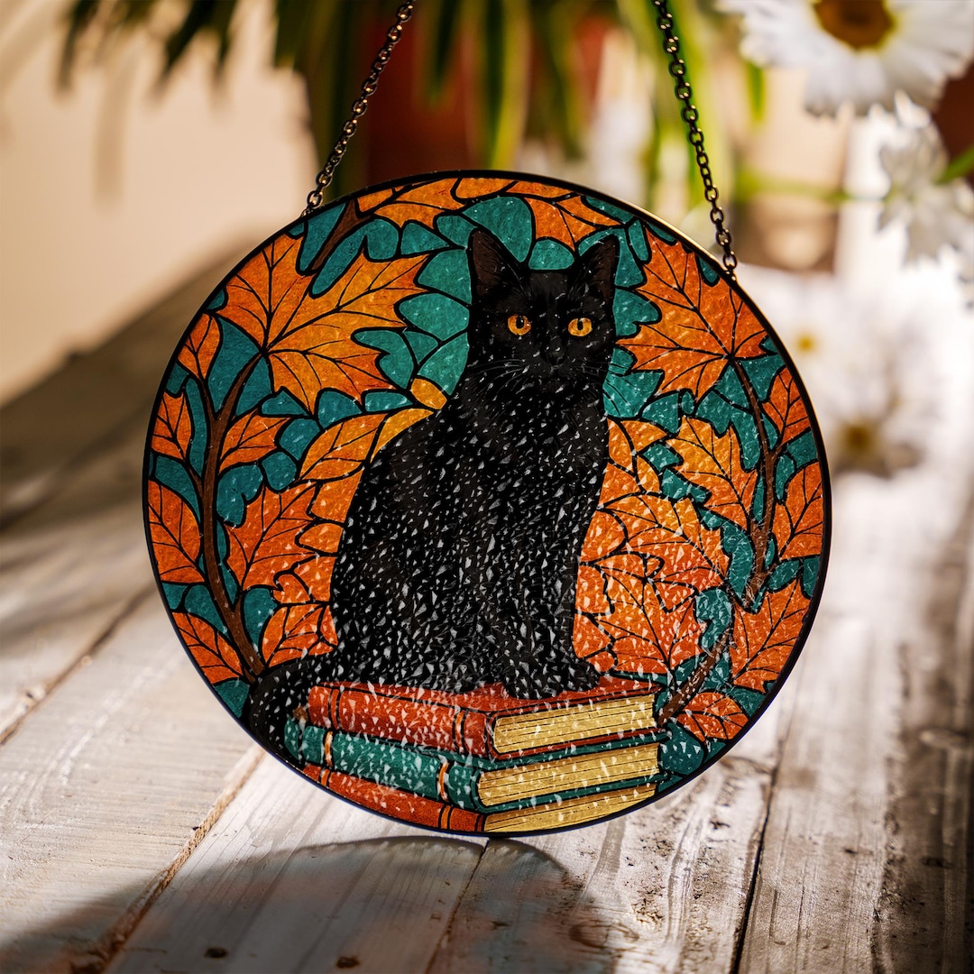 Black Cat Stained Glass Suncatcher - Round Autumn Leaves Gothic Window ...