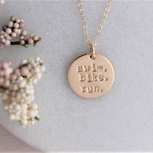 swim bike run, triathlon necklace, finisher gift, gift for athlete, silver or gold, run inspired, stamped jewelry, quick to ship