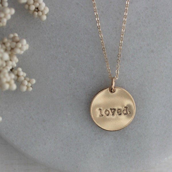 girlfriend gift, gold love necklace, dainty gold jewelry, stamped pendant, handstamped jewelry, custom word necklace, I am loved