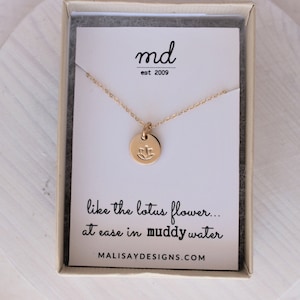 Lotus flower necklace, at ease in muddy water, infertility awareness, miscarriage awareness, gold or silver, stamped disc necklace