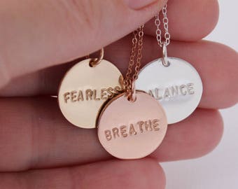 inspirational, word of the year, mantra necklace, what's your word, choose your word, courage jewelry, fearless necklace, yoga jewelry