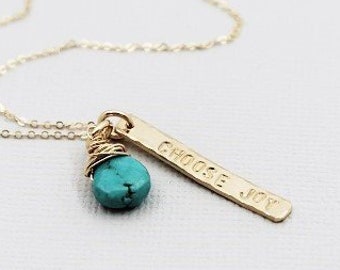 choose joy necklace, inspirational gift, gold and turquoise, word of the year, best friend gift, hammered metal, mantra jewelry