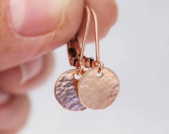 rose gold filled earrings • hammered discs • simple dangle earrings • dainty tiny discs •  delicate every day jewelry • minimalist style