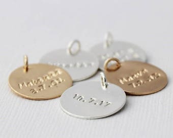 hand stamped personalized jewelry, custom stamped disc, personalized name, 3/4" disc sterling silver or 14k gold filled