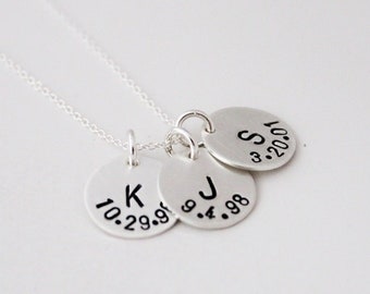 birthdate and initials necklace for mom with 3 kids, personalized sterling silver discs, kids initials, gift for her, mothers necklace