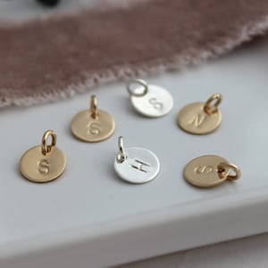 Hand Stamped Initial Disc Charm: Sterling Silver or Gold Filled (3/8&quot;)