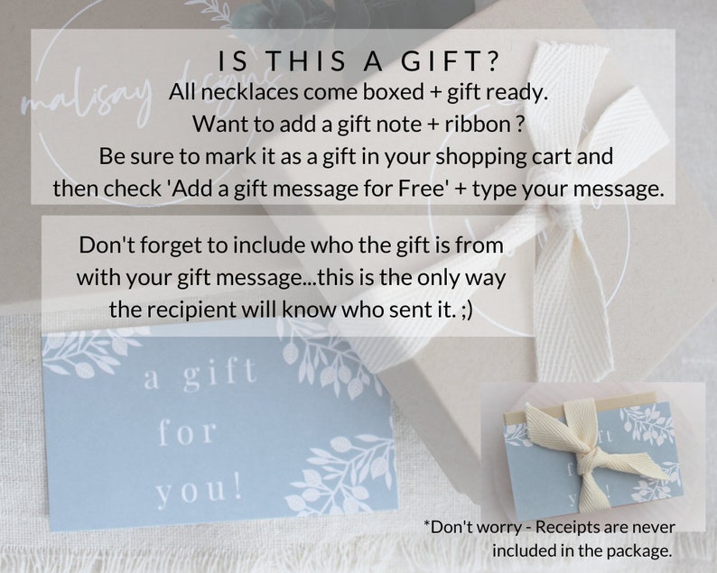 K&ouml;nnte beinhalten: Eine hellblaue Karte mit wei&szlig;en Blumenmustern und dem Text "a gift for you!" Der Text "IS THIS A GIFT?" ist in Schwarz auf wei&szlig;em Hintergrund geschrieben. Der Text "All necklaces come boxed + gift ready. Want to add a gift note + ribbon? Be sure to mark it as a gift in your shopping cart and then check 'Add a gift message for Free' + type your message. Don't forget to include who the gift is from with your gift message...this is the only way the recipient will know who sent it. ;) *Don't worry - Receipts are never included in the package." ist ebenfalls in Schwarz auf wei&szlig;em Hintergrund geschrieben.